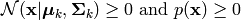 \mathcal{N} (\mathbf{x} | \boldsymbol\mu_k, \mathbf{\Sigma}_k) \geq 0$ and $p(\mathbf{x}) \geq 0